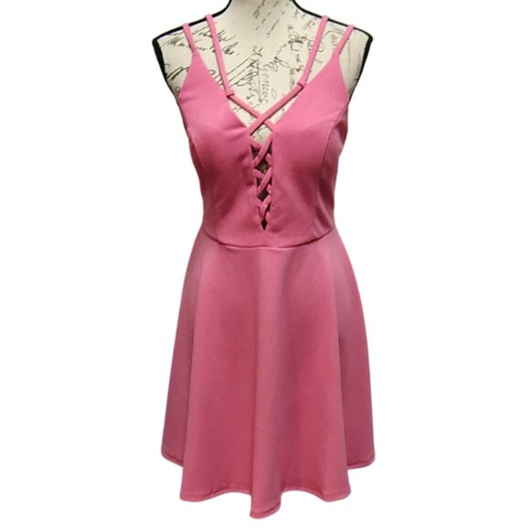 Pink lace up front skater dress a-line mini dress size large - coquette party - Picture 2 of 7